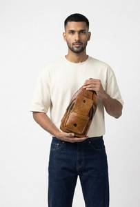 Sac de poitrine minimaliste en cuir véritable, couleur beige, fermeture à glissière, sac à bandoulière durable pour usage quotidien, toutes saisons - Product Image 2