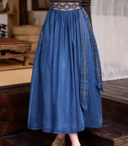 GIMILY OEM&ODM custom Retro versatile embroidered skirt Washed denim long skirt jeans skirts for women