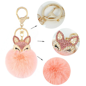 2025 fausse fourrure de lapin Pom Pom porte-clés tête de renard porte-clés avec strass pour sac téléphone portable voiture pendentif - Product Image 1