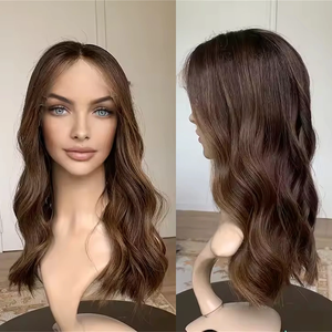 Perruque complète en cheveux humains européens bruts de qualité supérieure, avec dentelle HD, brun foncé, mèches blondes, perruque juive pour femmes - Product Image 2