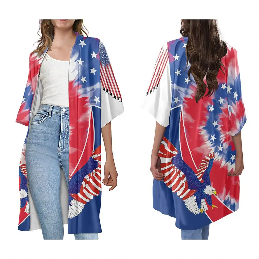 Tie Dye USA drapeau aigle coloré amérique vêtements motif personnalisation de votre Logo imprimé décontracté ample plage Cardigan veste femmes