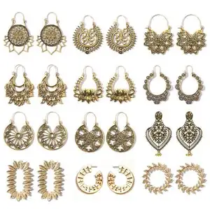 VRIUA New Femme Vintage Antique Silver Gold Color Hollow Out Gypsy Ethnic Hoop Flower Dangle Mandala Earrings