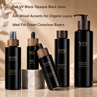 Envase de Lujo YAN, Botella de Vidrio Negro Opaco de 30ml/50ml con Gotero/Bomba/Tapa de Rosca y Collar de Madera Natural para Aceite Facial, Crema, Tónico