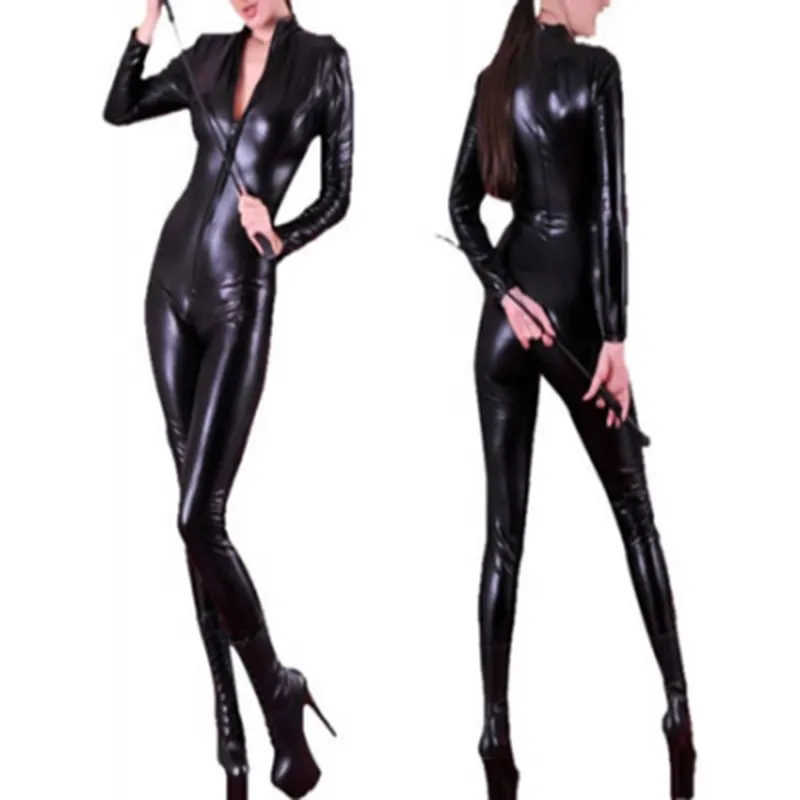 Combinaison Catsuit noir en Faux cuir pour femme, Sexy, costume de club, robe avec fermeture éclair, nouveauté