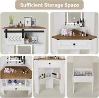 Ensemble de coiffeuse d'angle moderne en bois avec miroir sur pied LED et tabouret de rangement - Design compact pour petites chambres
