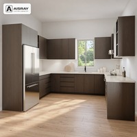 Cuisine modulaire minimaliste en placage de bois en forme de U pour maison avec plan de travail en pierre frittée et structure en MDF