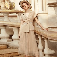 Ensemble tailleur jupe formel pour femme, fermeture à double boutonnage, polyester infroissable, jupe longue plissée évasée, élégant pour le bureau