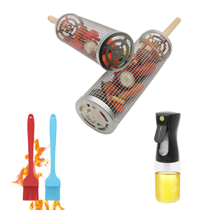 Nouveauté 2024 - Accessoires de barbecue en acier inoxydable 304, support cylindrique, panier roulant, brochettes en métal fini huile, ensembles de brochettes - Product Image 1