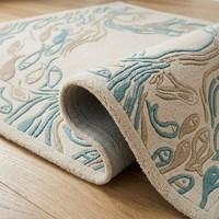 Hand Tufted Neutral Ivory Fish Wool Carpet with Wave Inspired Coastal Texture Area Rug for Living Room Bedroom Nursery Playroom