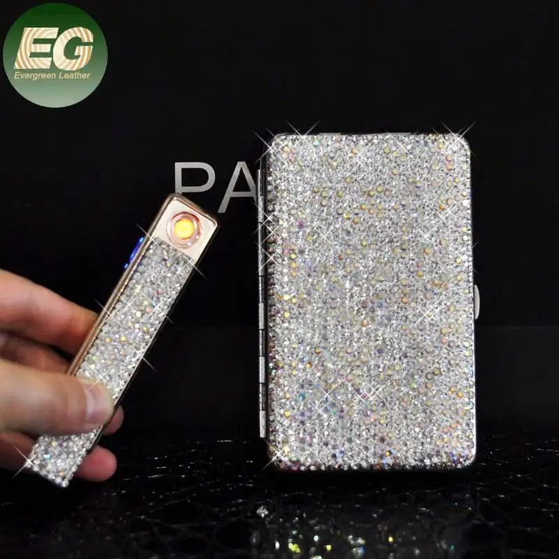 EA003 Thin shiny rhinestone cigarettes holder holds 20 regular cigarettes bling diamond cigarette case with lighter