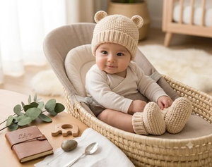 ชุดหมวกและรองเท้าถักโครเชต์สำหรับเด็กทารก ตกแต่งหูน่ารัก เหมาะสำหรับฤดูหนาว เป็นของขวัญ - Product Image 3