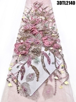 Tissu de dentelle de luxe Oman avec fleurs 3D, dentelle perlée de Dubaï, tulle brodé, tissu de dentelle à sequins pour robe de mariée des Philippines