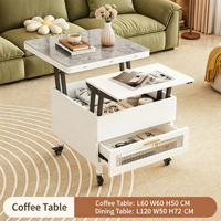 Table d'appoint multifonctionnelle convertible pour café et repas, mobile à roulettes, avec plateau relevable, tiroir de rangement en pierre, pour canapé et salon