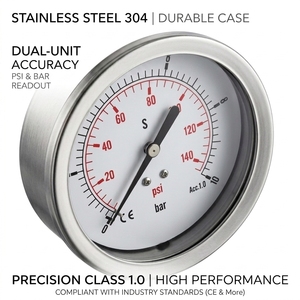 Jauge à double échelle 0-140PSI, 1/4 pouces NPT, montage arrière, entièrement en acier inoxydable, résistante aux chocs, pour équipement industriel à gaz, eau et huile - Product Image 3