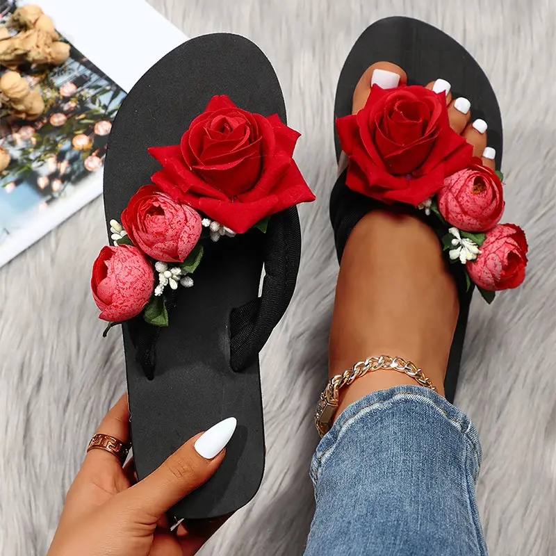eva beach fashion summer platform black 6CM flip flops wedge heel floral diamond chunky ladies sandal sole wedge shoes