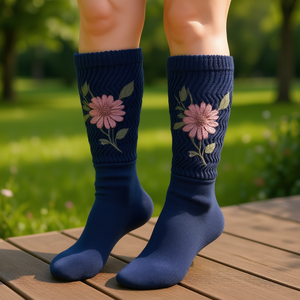 DB Chaussettes hautes en tricot pour femme, imprimé floral, coton, taille unique, convient aux pointures 5-10, bleu indigo - Product Image 2