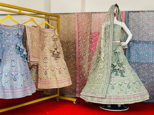 Luxurious Indian Wedding Ensemble for Adults <b>Net</b> Bridal Dress With Full Zarkan Stones & Diamonds Heavy <b>Dupatta</b> Big Flair Design - Product Image 5