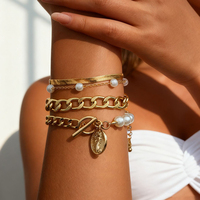 Ensemble de bracelets et joncs de vacances en acier inoxydable et alliage de fer, bijoux fantaisie avec coquillages, étoiles de mer, perles, chaîne cubaine et chaîne serpent