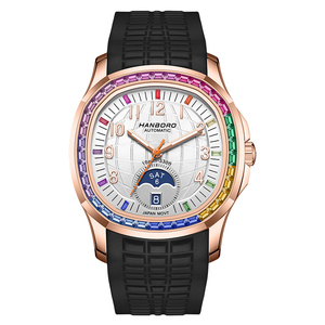 HANBORO Luxury Rainbow Bezel Automatic <strong>Watch</strong> Unisex Rose Gold 3D Dial Moon Phase Sapphire Crystal Sport High Quality Miyota - Product Image 2