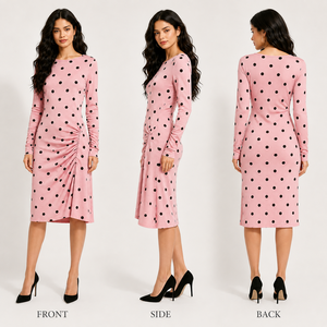 Abito Midi Casual Primaverile da Donna Personalizzato OEM ODM, Stile Vintage con Vita Impero, Maniche Lunghe, Stampa a Pois e Dettagli Arricciati - Product Image 2