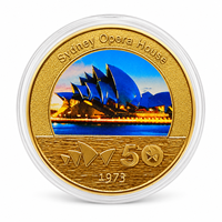 Pièce de monnaie 2026 de l'Opéra de Sydney, ensemble vue cinq angles, impression couleur sur fer plaqué or avec étui
