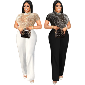 Combinaison de soirée élégante de haute qualité AM221118 pour femmes, taille haute, ajustée, ornée de perles, col rond, manches courtes, grandes tailles - Product Image 1