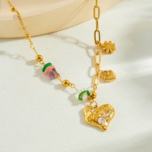 Heart-Shaped Diamond Pendant Gold Plated Stainless Steel Chain Necklace With Gemstone Beads For Daily Wear Gift - Product Image 2