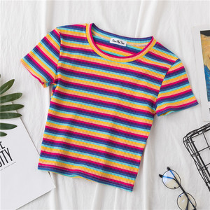 Casual O-Neck Women's Crop <strong>Top</strong> T-Shirt 95% Cotton 5% Spandex Sweet Slim Fit <strong>Rainbow</strong> Striped Design - Product Image 4