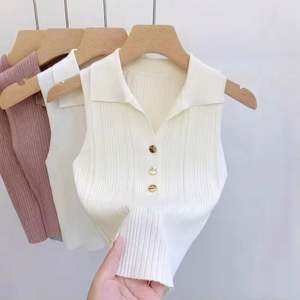 I-0704 Nouveauté été en gros : Cardigan tricoté pour femme, débardeur court à fines bretelles, sans manches, avec col - Product Image 6