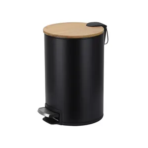 Lata de lixo de metal preto venda on-line, lata de lixo 5l, tampa de bambu, lata de lixo