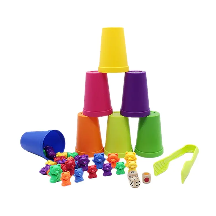 High quality kids children educational learning toy montessori rainbow matching game counting bears with stacking cups