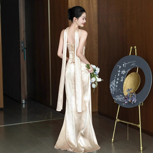 Champagne Strapless Evening Gown Natural Waistline For Engagements Weddings Banquets And Morning Events - Product Image 3