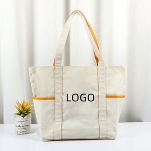 Bolsa de Lona Resistente y Lavable con Logotipo Personalizado, Ribete Naranja y Bolsillos Laterales, Ideal para el Trabajo, la Escuela y el Tiempo Libre - Product Image 1