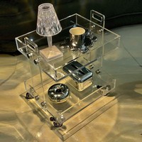 Chariot de bar roulant moderne extensible en acrylique transparent avec poignées et roulettes, table basse, mobilier de maison, mobilier de salon, vente en gros