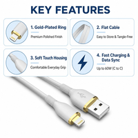 Kabel Pengisian Daya USB-A ke Lightning 1m TPE dengan Konektor Cincin Berlapis Emas, Kabel Data Pengisian Cepat untuk iPhone