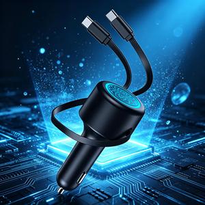4 in 1 Fast Car Charger Fast <b>Charging</b> QC 3.0 PD 60W quick car charger with 2 Retractable <b>Cables</b> - Product Image 1