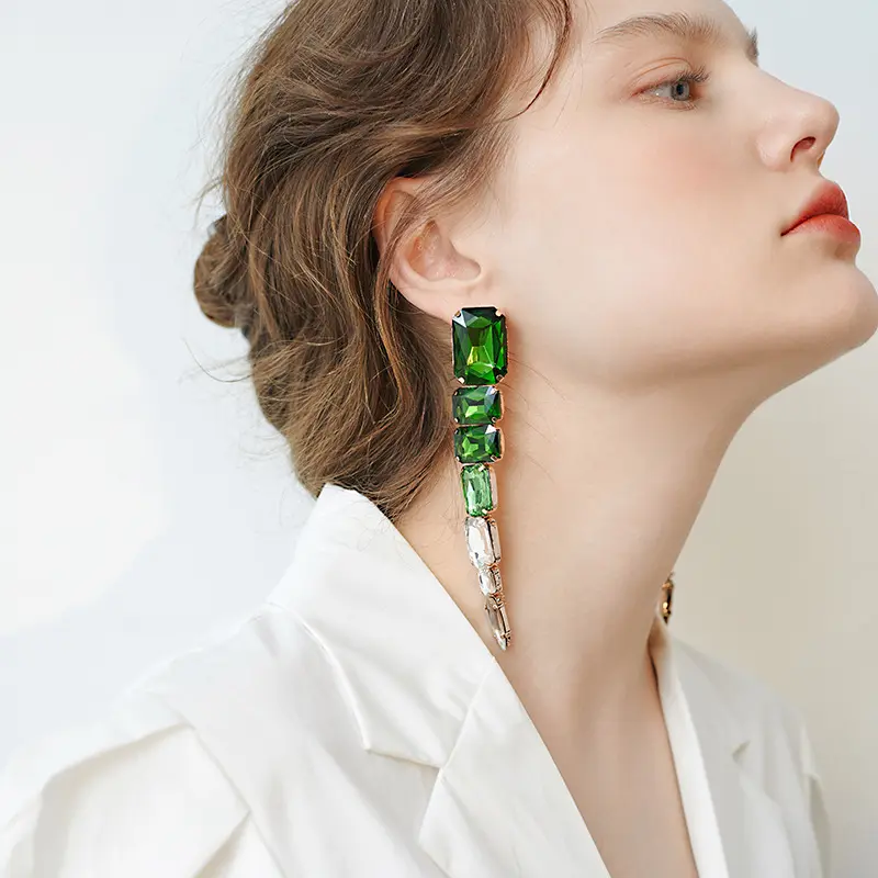 925 Silver Earrings Jewelry Exaggerated Big Green Geometric Metal Crystal Tassel Drop Earrings