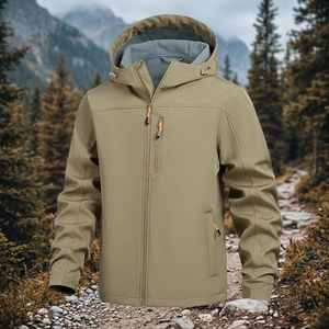 Men's Hooded Fleece-Lined Windproof Jacket Solid Color Casual Autumn Polyester Zipper Closure Regular Fit - Product Image 2