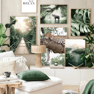 Jungle paysage toile affiche Animal léopard éléphant impression peinture feuilles de palmier forêt rivière pont nordique photo décoration - Product Image 4