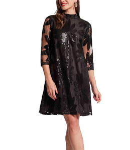 Robe élégante en organza brodée, longueur genou, avec col mandarin, manches trois quarts, imprimé floral, coupe ample, formelle, printemps - Product Image 3