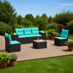 ชุดโซฟาหวายสังเคราะห์สีดำทันสมัย พร้อมเบาะรองนั่ง เฟอร์นิเจอร์กลางแจ้ง สำหรับ 6 ที่นั่ง ดีไซน์ร่วมสมัย - Product Image 2