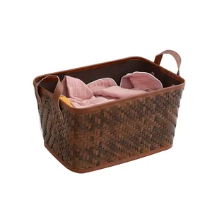 Плетеная корзина для хранения из натуральных материалов в стиле ретро, экологически чистая коричневая пластиковая корзина для хранения