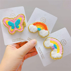 New Handmade Cute Crystal Plush Embroidery Rainbow Children's Cartoon Butterfly Princess Hair Clip for Girls Side Bangs Gift