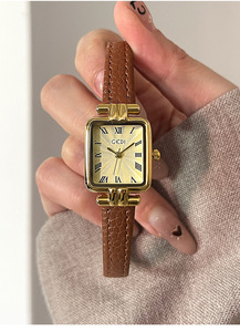 Reloj de Pulsera de Cuarzo Elegante para Mujer, Estilo Vintage, Dorado, Rectangular, con Correa de Cuero Marrón, Esfera con Diseño de Rayos de Sol y Números Romanos - Product Image 6