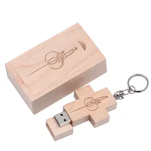 Personalizado de madeira Cruz USB memória Flash sticks pen pen drives de madeira com chaveiro para a Igreja Nazareno presentes cristãos