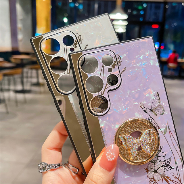 For Samsung A16 A56 S25edge Mobile Phone Cases Butterfly Pattern Rhinestone Bracket Drop-Resistant Protective Cover Electroplate