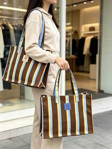 Wholesale Striped Cotton <b>Canvas</b> Tote Bag Large Capacity Color Stripe Print Beach Bag Eco Friendly Reusable Shopping <b>Handbag</b> - Product Image 2