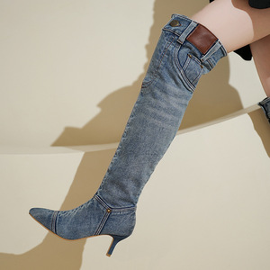 <span class=keywords><strong>Botas</strong></span> Altas de Invierno para <span class=keywords><strong>Mujer</strong></span> con Hebillas Metálicas Personalizadas, Botines Largos de Mezclilla, Zapatos de <span class=keywords><strong>Vestir</strong></span> <span class=keywords><strong>Impermeables</strong></span> Azules Estilo Punk con Tacón de Aguja - Product Image 5