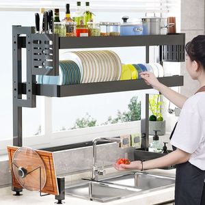 Double Tier Carbon Steel Telescopic Dish Rack for Kitchen and Bathroom Sink Drain Bowl Holder with Storage for Food Utensils - Product Image 4