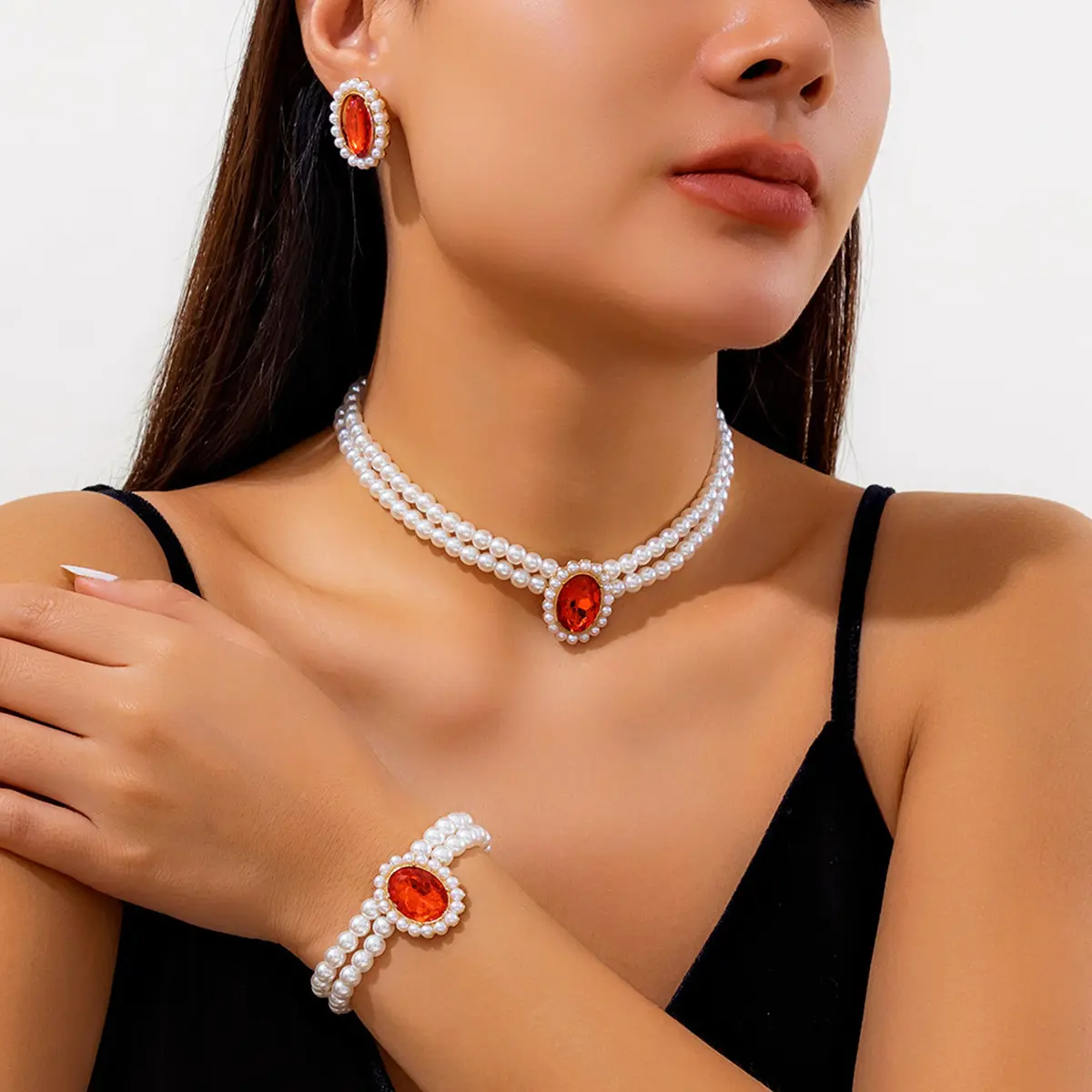 2024 conjunto de joyería de moda de lujo para mujer, Gargantilla francesa elegante de perlas de imitación multicapa con colgante de cuentas de cristal